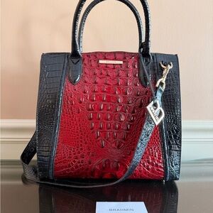Brahmin Black and Red Croc-Embossed Satchel